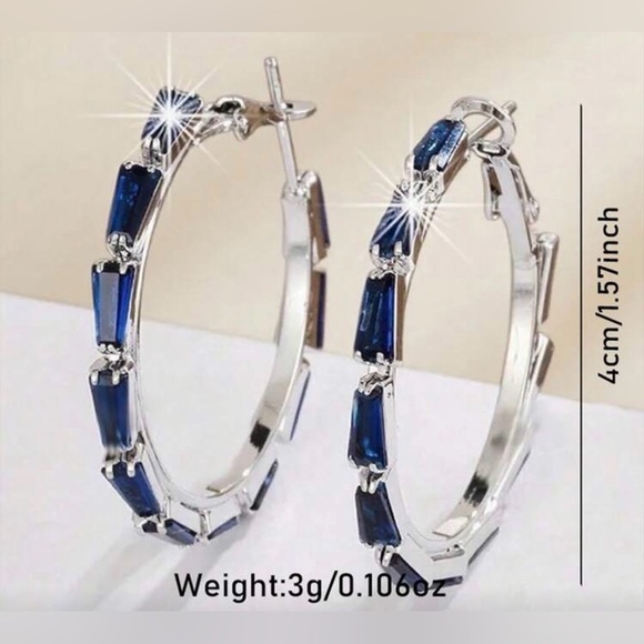Blue Stone Hoop Earrings | Silver Tone | Copper Alloy | Elegant Statement Hoops